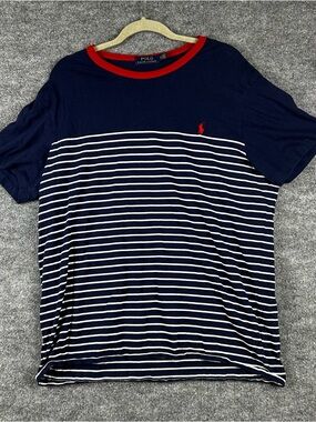 Polo Ralph Lauren Navy White Stripe Ringer Tee Red Collar Pony Men’s XL